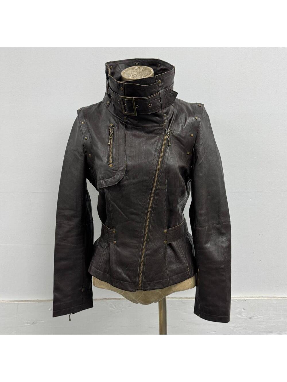 Vintage Brown Funnel Neck Asymmetric Avant Garde Leather Jacket Pirate